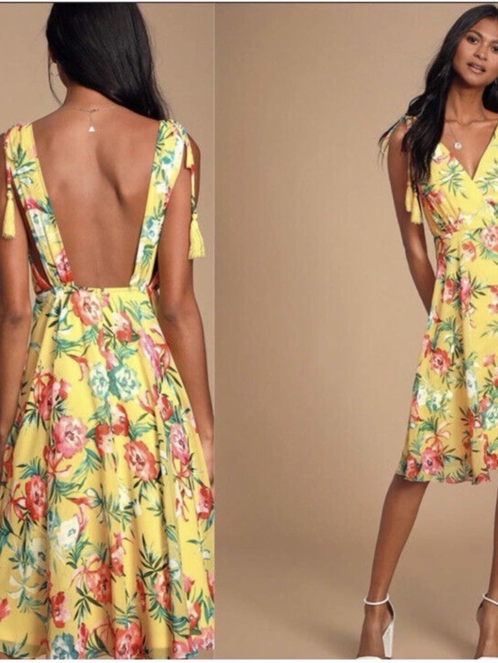Lulu's Yellow Floral Backless Tie-Shoulder Sundress